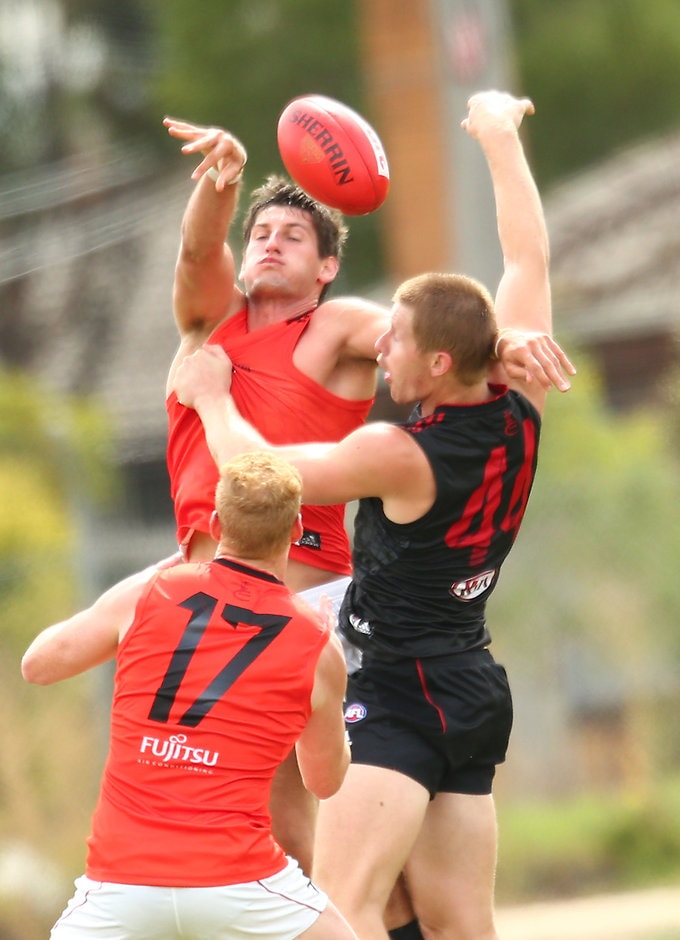 AFL 2016 Training - Essendon Intra-Club Match MELBOURNE, AUSTRALIA - FEBRUARY 19: Sam Michael of the Bombers competes for the ball during the Essendon Bombers AFL Intra-Club match at True Value Solar Centre on February 19, 2016 in Melbourne, Australia. (Photo by Scott Barbour/Getty Images/AFL Media)
